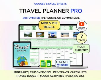 PLR Travel Planner Excel Google Sheets Digital Travel Planner Travel Itinerary Digital Holiday Planner Travel Organizer Travel Budget MRR