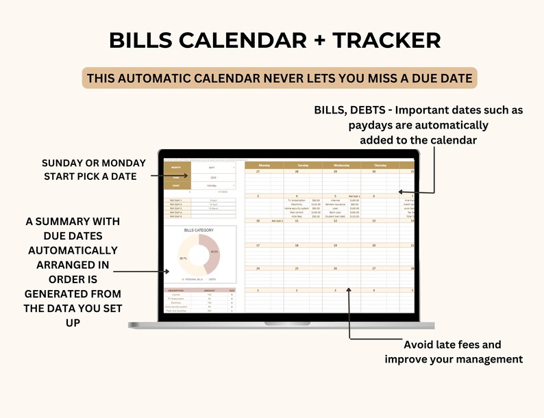 May include: A laptop computer screen displaying a calendar with a pie chart labelled "Bills Category". The text "BILLS CALENDAR + TRACKER" is at the top of the image. The text "THIS AUTOMATIC CALENDAR NEVER LETS YOU MISS A DUE DATE" is below the title. The text "BILLS, DEBTS - Important dates such as paydays are automatically added to the calendar" is below the text "THIS AUTOMATIC CALENDAR NEVER LETS YOU MISS A DUE DATE". The text "SUNDAY OR MONDAY START PICK A DATE" is on the left side of the image. The text "A SUMMARY WITH DUE DATES AUTOMATICALLY ARRANGED IN ORDER IS GENERATED FROM THE DATA YOU SET UP" is on the left side of the image. The text "Avoid late fees and improve your management" is at the bottom of the image.