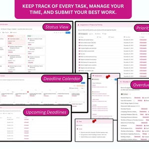 Pode incluir: Uma interface digital que exibe visualiza&ccedil;&otilde;es de gerenciamento de tarefas, incluindo status, prioridade, calend&aacute;rio de prazos, tarefas em atraso e pr&oacute;ximos prazos. A interface apresenta uma faixa rosa com o texto "KEEP TRACK OF EVERY TASK, MANAGE YOUR TIME, AND SUBMIT YOUR BEST WORK."
