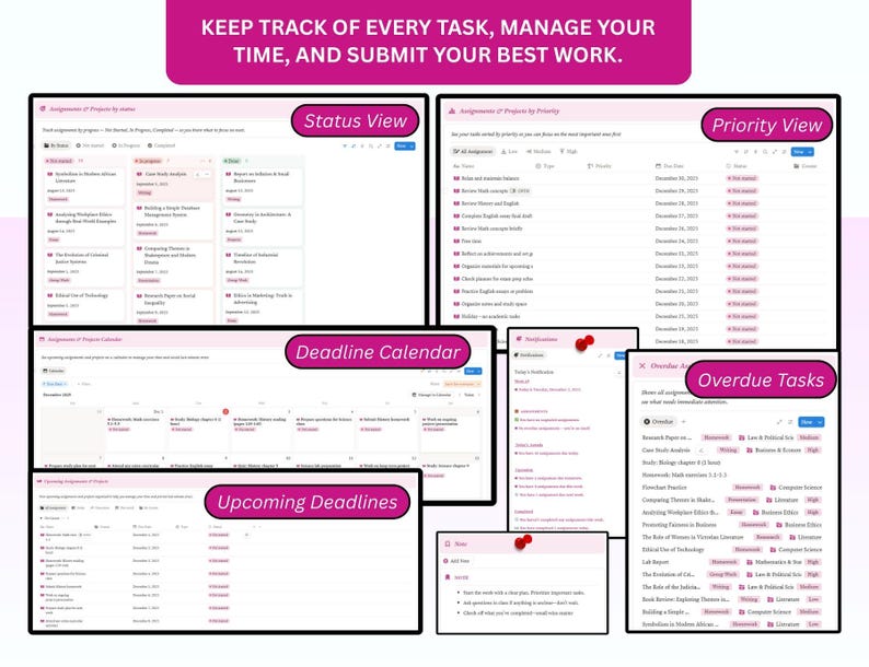 Pode incluir: Uma interface digital que exibe visualiza&ccedil;&otilde;es de gerenciamento de tarefas, incluindo status, prioridade, calend&aacute;rio de prazos, tarefas em atraso e pr&oacute;ximos prazos. A interface apresenta uma faixa rosa com o texto "KEEP TRACK OF EVERY TASK, MANAGE YOUR TIME, AND SUBMIT YOUR BEST WORK."