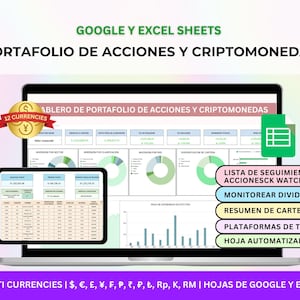 Könnte beinhalten: Ein digitaler Aktien- und Kryptowährungs-Portfoliotracker für Google Sheets und Excel, dargestellt auf einem Laptop- und Tablet-Bildschirm. Die Benutzeroberfläche zeigt Finanzdatentabellen, Kreisdiagramme, Balkendiagramme und eine Liste von Funktionen.