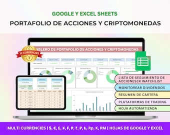 Hoja de Cálculo para Portafolio de Acciones y Criptomonedas, Diario de Trading, Rastreador de Dividendos, Panel de Inversiones