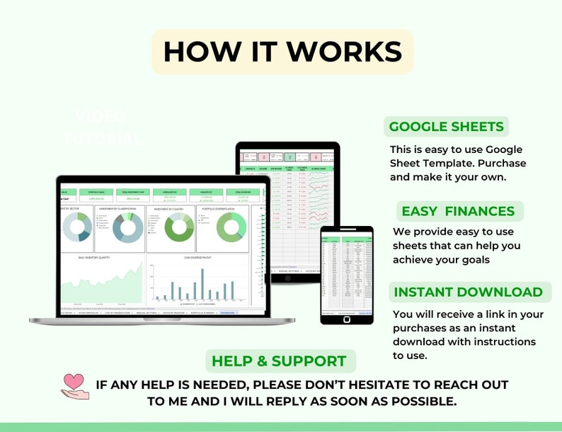 May include: A screenshot of a website showing how to use a Google Sheet template for personal finances. The website features a green and white color scheme with a heart icon and the text "HOW IT WORKS" and "HELP & SUPPORT".