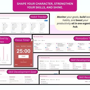 Pode incluir: Um hub de produtividade digital com v&aacute;rios rastreadores, incluindo um rastreador de h&aacute;bitos, um temporizador de foco e um plano de desenvolvimento de habilidades. A interface &eacute; exibida em um fundo branco com detalhes em rosa e texto.