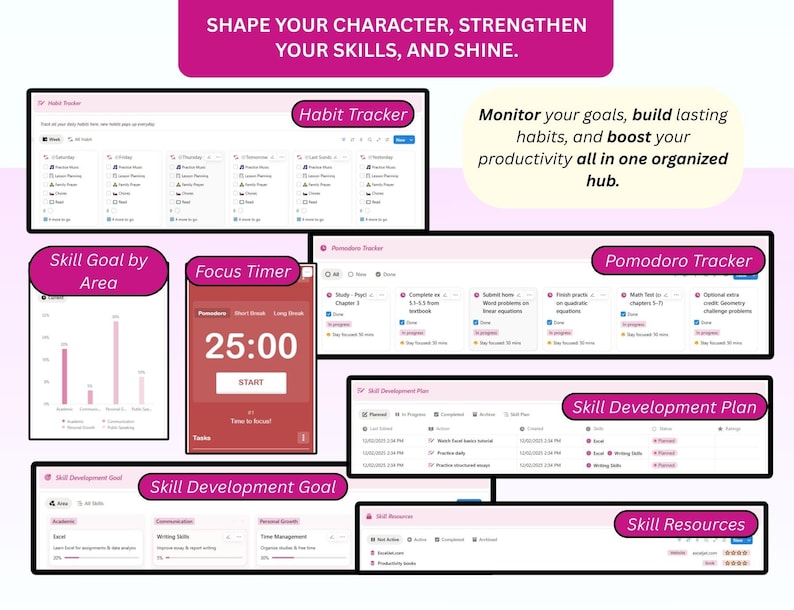 Pode incluir: Um hub de produtividade digital com v&aacute;rios rastreadores, incluindo um rastreador de h&aacute;bitos, um temporizador de foco e um plano de desenvolvimento de habilidades. A interface &eacute; exibida em um fundo branco com detalhes em rosa e texto.