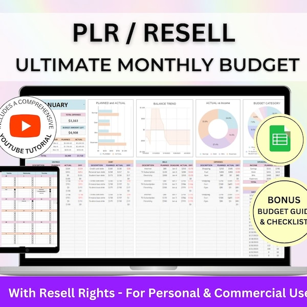 MRR PLR Monthly Budget Planner PLR Google Sheets Plr Budget Planner Spreadsheet Template Budget Sheets Budget dashboard