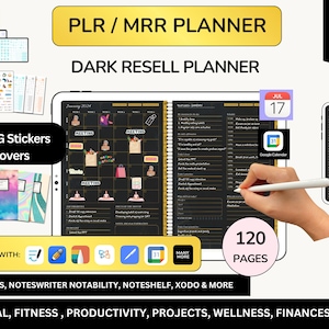 MRR PLR Digital Planner, Resell Planner, PLR Planner, Canva Planner, Editable Journal, Commercial Planners. Dark Digital Bundle, Dark theme