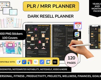 Planificador digital MRR PLR, planificador para revender, planificador PLR, planificador Canva, diario editable, planificadores comerciales. Paquete digital oscuro, tema oscuro
