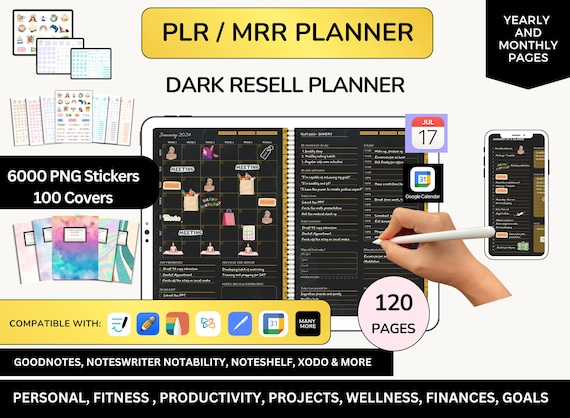 MRR PLR Digital Planner, Resell Planner, PLR Planner, Canva Planner, Editable Journal, Commercial Planners. Dark Digital Bundle, Dark theme