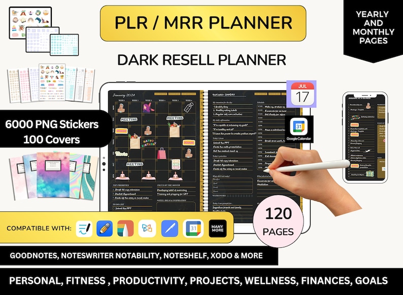 MRR PLR Digital Planner, Resell Planner, PLR Planner, Canva Planner, Editable Journal, Commercial Planners. Dark Digital Bundle, Dark theme