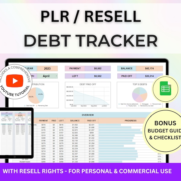 MRR PLR Resell Debt Tracker, Debt Snowball, PLR Google Sheets, Plr Debt Payoff Tracker, Resell Debt Avalanche Spreadsheet