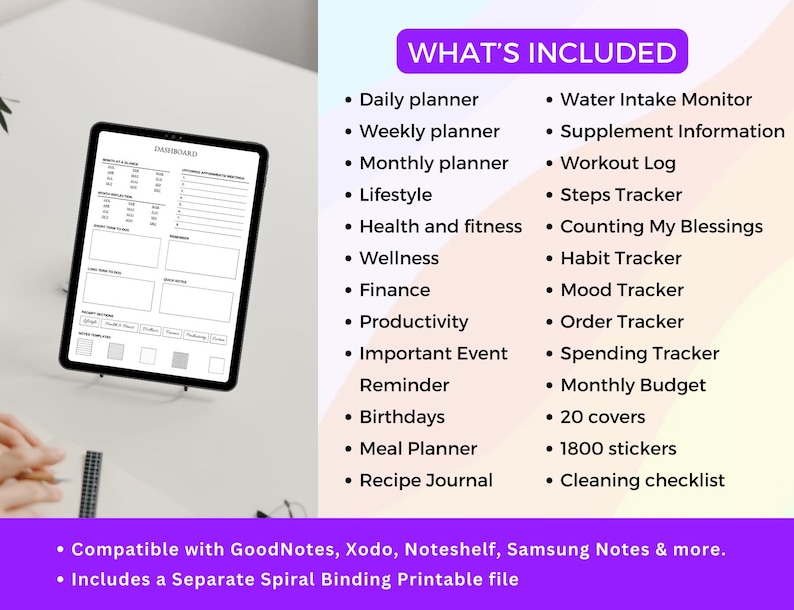 May include: A digital planner displayed on a tablet, featuring a dashboard layout with sections for various planning needs. The image includes a list of features such as daily, weekly, and monthly planners, along with trackers for health, finance, and more. The text "WHAT'S INCLUDED" is visible.