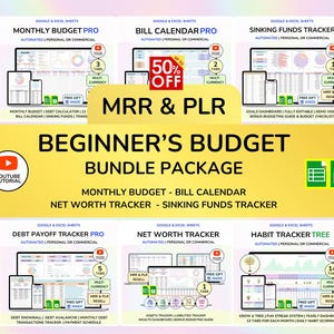Plr  MRR Budget Bundle PLR Google Sheets PLR Spreadsheet Monthly Budget Excel Debt Tracker Bill Calendar Net Worth Tracker Budget Planner