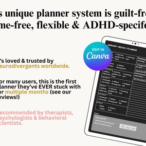 May include: A digital planner template for weekly planning, designed for people with ADHD. The template is customizable and can be edited in Canva. The text on the template says "JANUARY - WEEKLY PLANNER" and "YES, YOU CAN".