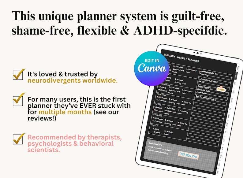 May include: A digital planner template for weekly planning, designed for people with ADHD. The template is customizable and can be edited in Canva. The text on the template says "JANUARY - WEEKLY PLANNER" and "YES, YOU CAN".