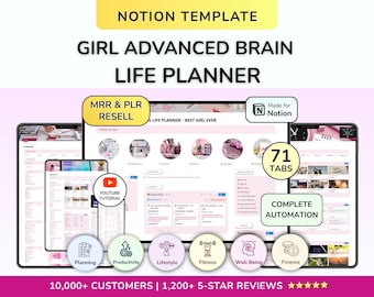PLR Girl Second Brain Advanced Notion Life Planner Tudo em Um Notion Aesthetic Notion Planejador Digital Download Produto Digital