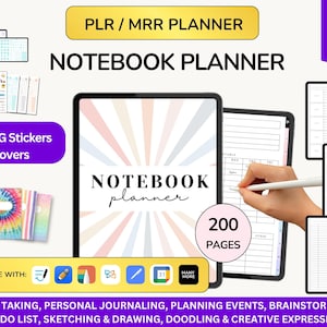 Puede incluir: Planificador de cuaderno digital con 200 páginas, más de 1800 pegatinas PNG y 100 cubiertas. Incluye páginas semanales y mensuales. Con texto: "NOTEBOOK planner", "PLR / MRR PLANNER" y "NOTE TAKING, PERSONAL JOURNALING..."