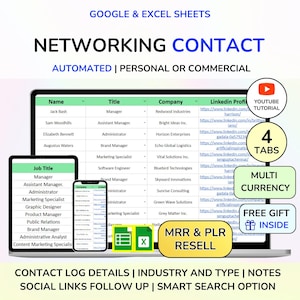 Plantilla de lista de contactos PLR, hoja de cálculo de redes, lista de direcciones, plantilla de hoja de contactos, plantilla de lista de contactos de proveedores, registro de direcciones MRR