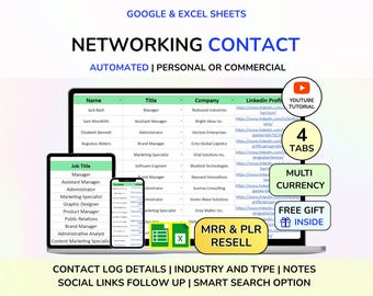 PLR Contact List Template, Networking Spreadsheet, Address List, Contact Sheet Template, Vendor Contact List Template, Address Log MRR