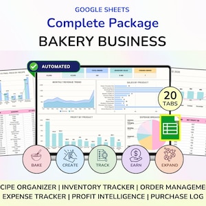 May include: A digital Google Sheets bakery business management package featuring automated dashboards, profit and expense charts, recipe organisers, and inventory trackers. The interface displays 20 tabs for tracking orders, sales, and business growth metrics.