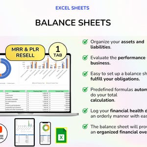 May include: A laptop screen displays a balance sheet template with charts and data, labeled "BALANCE SHEETS" and "EXCEL SHEETS." Additional devices show the same template. Text highlights features like organized assets and liabilities, and predefined formulas.
