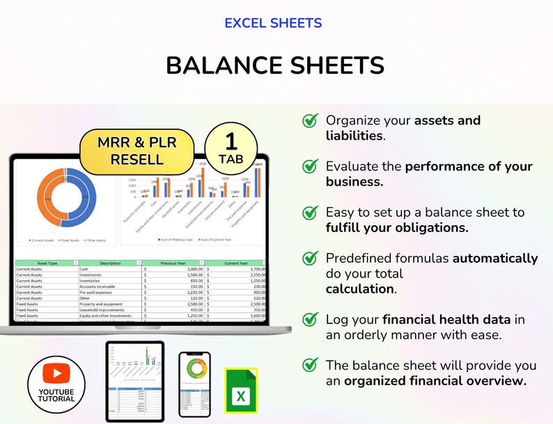 May include: A laptop screen displays a balance sheet template with charts and data, labeled "BALANCE SHEETS" and "EXCEL SHEETS." Additional devices show the same template. Text highlights features like organized assets and liabilities, and predefined formulas.