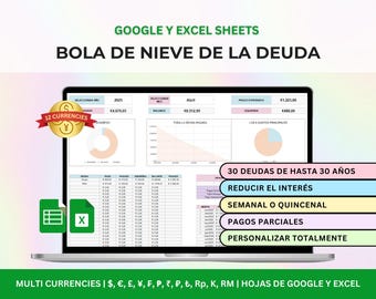 Plantilla de Método Bola de Nieve para Deudas en Excel y Google Sheets, Rastreador de Deudas, Rastreador Digital de Pago de Deudas,