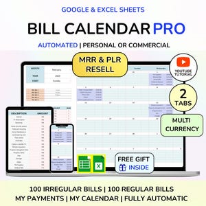PLR Bill Calendar Monthly Bill Tracker Spreadsheet Google Sheets Excel Sheet Monthly Bill Planner Bill Payment Dashboard Digital product