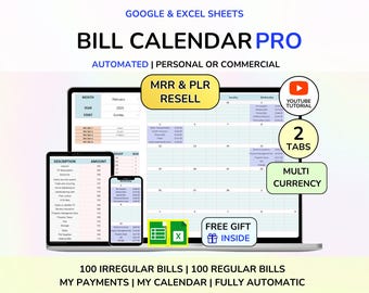 PLR Bill Calendar Monthly Bill Tracker Spreadsheet Google Sheets Excel Sheet Monthly Bill Planner Bill Payment Dashboard Digital product