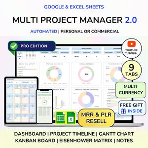 PLR Multi Project Management Spreadsheet, Project Planner, Project Tracker, Project Spreadsheet Gantt Chart Kanban Board Esinehower Matrix