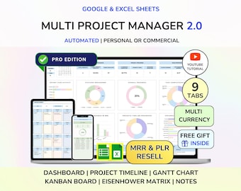 PLR Multi Project Management Spreadsheet Digital Product Project Planner,Project Tracker  Project Spreadsheet Digital Download
