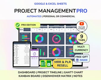Planificador de proyectos PLR Producto digital Descarga digital Gestión de proyectos Diagrama de Gantt Tablero Kanban Cronograma del proyecto Matriz de Eisenhower