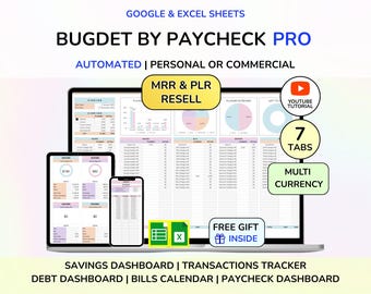 PLR Paycheck Budget Google Sheets Excel Template Weekly Biweekly Financial Planner Budget Spreadsheet Monthly Budget Digital product