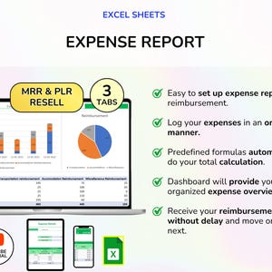 May include: A laptop screen displaying an expense report with charts and tables. The image includes the text "EXPENSE REPORT", "MRR & PLR RESELL", and "3 TABS". Additional screens of the expense report are shown on a tablet and smartphone, along with a YouTube tutorial icon.