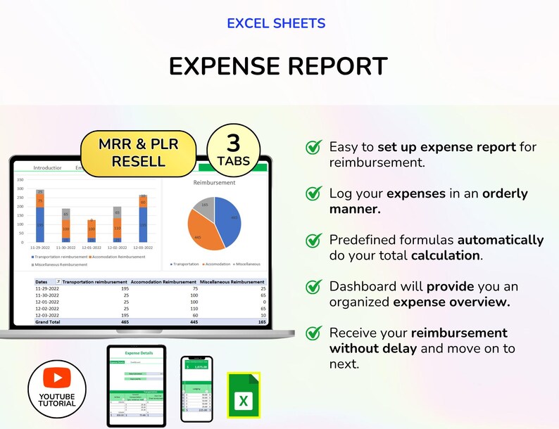 May include: A laptop screen displaying an expense report with charts and tables. The image includes the text "EXPENSE REPORT", "MRR & PLR RESELL", and "3 TABS". Additional screens of the expense report are shown on a tablet and smartphone, along with a YouTube tutorial icon.