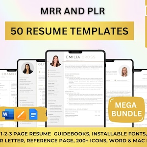 Może przedstawiać: Pakiet produktów cyfrowych obejmujący 50 szablonów CV, w tym przewodniki, czcionki, list motywacyjny, stronę referencyjną i ikony. Pakiet jest dostępny w formatach Word i Mac. Obraz przedstawia podgląd szablonów CV z różnymi projektami i układami.