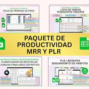 May include: A digital productivity bundle with the text "PAQUETE DE PRODUCTIVIDAD MRR Y PLR". The bundle includes templates for weight loss, task tracking, family meal planning, and habit tracking. Each template is displayed on a laptop screen.