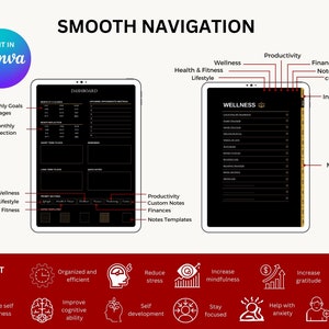 Puede incluir: Un planificador digital con fondo negro y detalles dorados. El planificador est&aacute; dividido en secciones para bienestar, salud y estado f&iacute;sico, estilo de vida, productividad, finanzas y notas. El planificador tambi&eacute;n incluye un tablero, p&aacute;ginas mensuales y un &iacute;ndice.