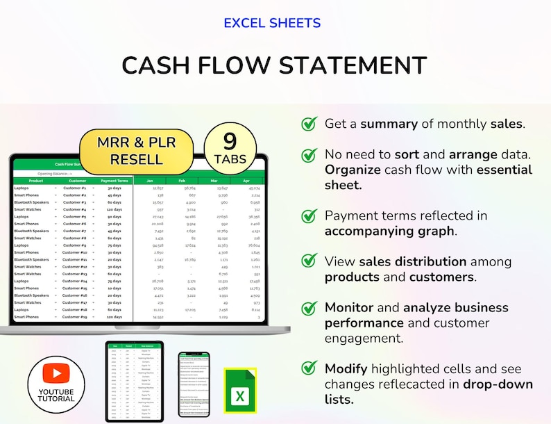 May include: A laptop screen displays an Excel cash flow statement with the text "CASH FLOW STATEMENT" and "MRR & PLR RESELL". The image includes a YouTube tutorial icon, a tablet, and a smartphone, all showing the same spreadsheet. The text highlights features like monthly sales summaries and sales distribution.
