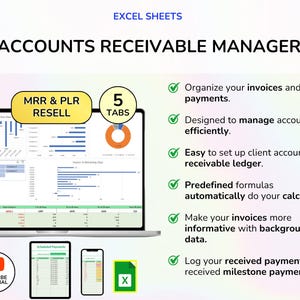 May include: A laptop screen displays an Excel spreadsheet labeled "ACCOUNTS RECEIVABLE MANAGER." The image includes a YouTube tutorial icon, a smartphone, and a tablet. Text highlights features like invoice organization and automated calculations.