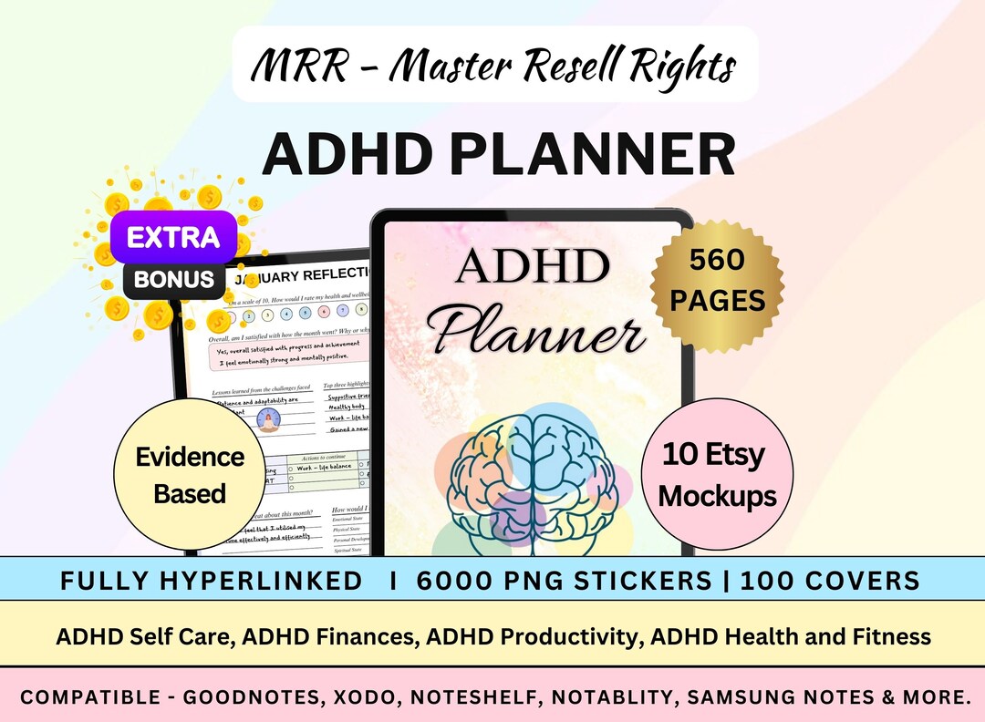 Mrr PLR Adhd Planner, ADHD Editable Canva Planner, Hyperlinked PLR