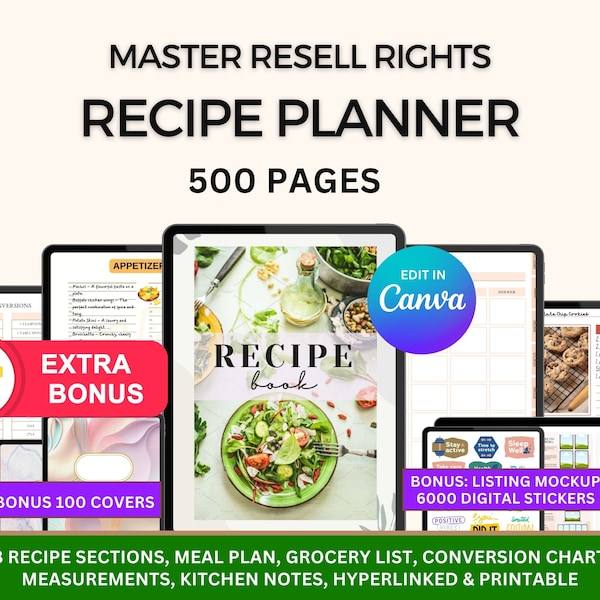 MRR PLR Digital Recipe Planner, PLR Digital Planner, Editable Canva Planner, Editable Cookbook, Done for you planner Resell Cookbook Planner