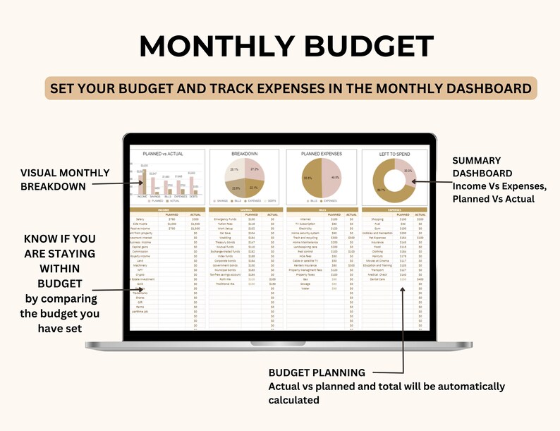 May include: A laptop screen displaying a monthly budget spreadsheet with charts and graphs. The spreadsheet includes categories for income, expenses, and savings. The text "MONTHLY BUDGET" is at the top of the screen. The text "SET YOUR BUDGET AND TRACK EXPENSES IN THE MONTHLY DASHBOARD" is below the title. The text "SUMMARY DASHBOARD Income Vs Expenses, Planned Vs Actual" is on the right side of the screen. The text "BUDGET PLANNING Actual vs planned and total will be automatically calculated" is at the bottom of the screen.