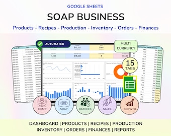 Soap Business Spreadsheet Google Sheets, Soap maker planner, soap sales tracker, soap expense tracker, soap costing sheet, soap pricing tool