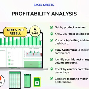 May include: A laptop screen displaying a profitability analysis chart with green bar graphs. The image includes the text "PROFITABILITY ANALYSIS", "MRR & PLR RESELL", and "5 TABS". Additional icons include a YouTube tutorial logo, a tablet, a phone, and an Excel file icon.