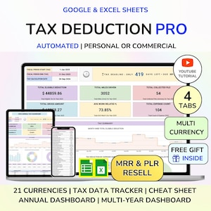 PLR Tax Deduction Tracker: Tax Tracker Google Sheets & Tax Tracker Excel, Tax Cheat Sheet MRR