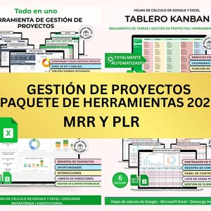 May include: A digital product package with the title "GESTIÓN DE PROYECTOS PAQUETE DE HERRAMIENTAS 2025" is displayed. The image shows various spreadsheet layouts, charts, and project management tools. The package includes Google and Excel spreadsheets.