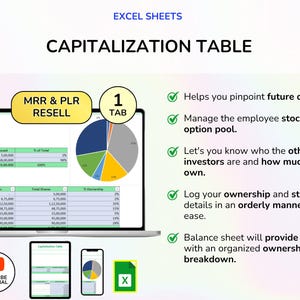 May include: A laptop screen displays a capitalization table with a pie chart and financial data. The image includes the text "CAPITALIZATION TABLE" and "EXCEL SHEETS". Additional icons show a YouTube tutorial, a tablet, a smartphone, and an Excel file.