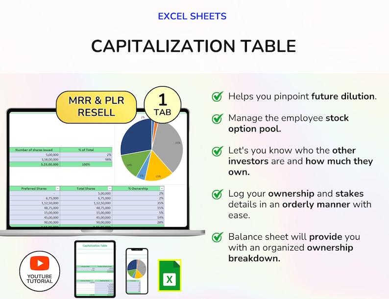 May include: A laptop screen displays a capitalization table with a pie chart and financial data. The image includes the text "CAPITALIZATION TABLE" and "EXCEL SHEETS". Additional icons show a YouTube tutorial, a tablet, a smartphone, and an Excel file.