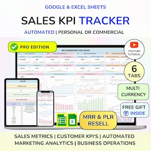 Plr Sales KPI Tracker, KPI Dashboard Excel, KPI Google Sheets, Kpi Excel Sheet, key performance indicator excel, Kpi spreadsheet Mrr